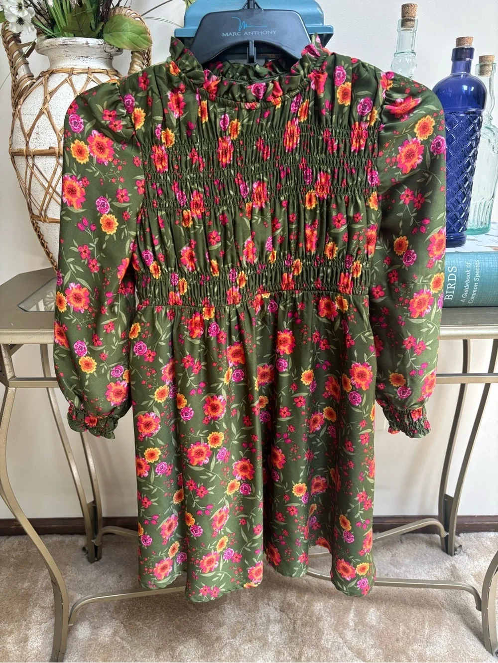 Girls' Kids Floral Smocked Green Long-Sleeve Dress by ZAC KIDS Size 7-8